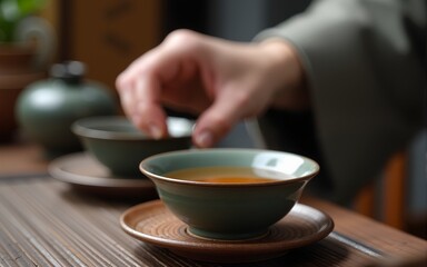 Brewing Chinese tea in ceramic gaiwan during the tea ceremony close-up. Gaiwan and other tea tools for the ceremony. High quality