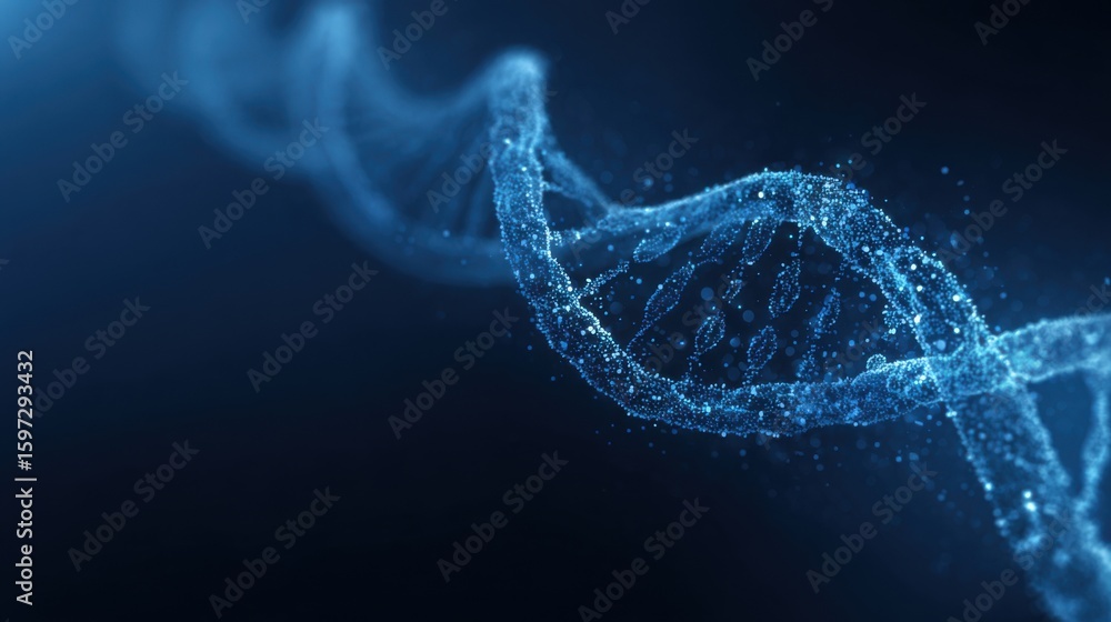 Poster a blue dna double helix twists gracefully in the dark space, with glowing particles highlighting its