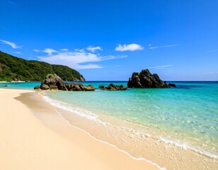 Fototapeta premium Tranquil Summer Beach Landscape – Golden Sand, Blue Sky, and Coastal Rocks
