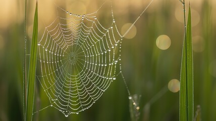 Spider Webs Glimmer Among Leaves at Sunrise