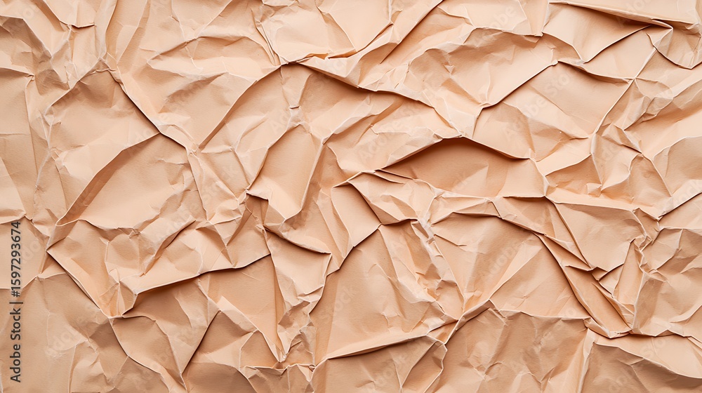 Poster a close-up image of crumpled brown kraft paper with irregular folds and creases creating a textured 
