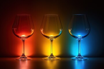 Colorful wine glasses illuminated by vibrant lights create an inviting atmosphere perfect for an evening gathering or celebration