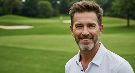 Smiling man in light blue polo shirt standing on golf course outdoors. Men's grooming and professional styling services for golf lifestyle and sports photography
