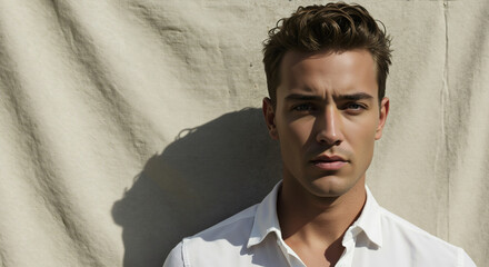 Man in white shirt standing against concrete wall with dramatic shadow. Men's grooming and minimalist styling services for artistic portrait and fashion photography
