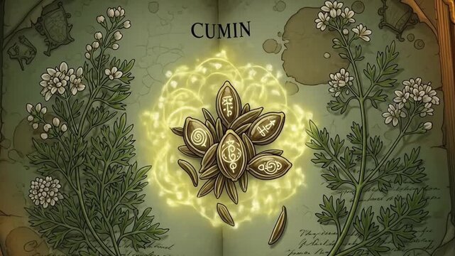 Mystical Cumin: Animated Herb Lore - Glowing Seeds & Ancient Book