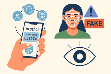 smartphone fingerprint scan with verification message face recognition icons deepfake detection alert eye symbol ideal for ai privacy security identity fraud biometrics cybercrime