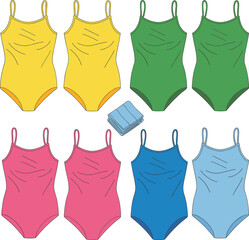 Colorful women swimsuit fashion illustration, one piece swimwear vector set, front view flat design, beachwear style, apparel mockup template