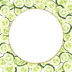 Cucumber slices watercolor square template with golden circle frame. Fresh vegetable sliced cucumber circles. Hand drawn illustration for food, cosmetics label, menu. Isolated from background clipart