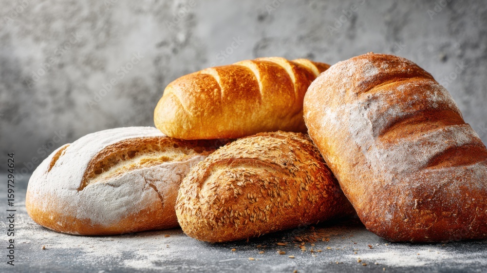 Poster a variety of artisan breads with different textures and colors are arranged on a rustic surface. the
