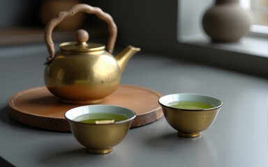 Tea ceremony. Golden iron teapot and japanese ceramic cups full of green tea drink on grey concrete kitchen counter, selective focus, square crop. Cold winter morning at home. High quality