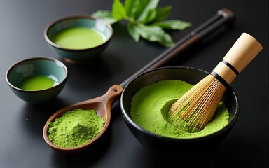 Japanese matcha tea tradition. Matcha accesories, whisk near matcha powder in bowl on black background top view copy space. High quality