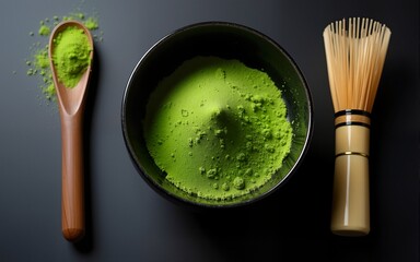 Japanese matcha tea tradition. Matcha accesories, whisk near matcha powder in bowl on black background top view copy space. High quality