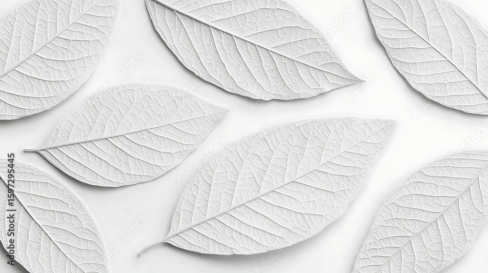 Poster white leaves with detailed veins arranged on a white background, creating a minimalist and textured 