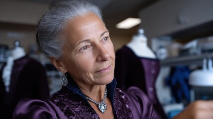 experienced tailor carefully examines fabrics while creating beautiful garments in a well-equipped workshop is filled with exquisite designs during afternoon hours