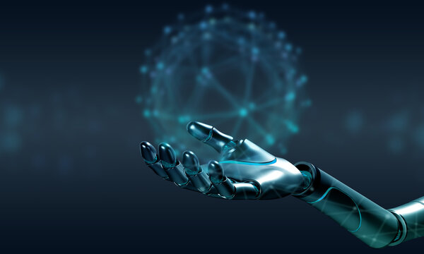 Robot hand finger holding blue color element design graphic ai artificial intelligence futuristic science digital circle round earth worldwide global business ai artificial intelligence robotic auto