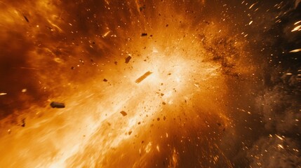 Fiery Explosion: Golden Particles and Debris in Dynamic Motion