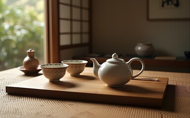 Traditional japanese tea ceremony setting - generative ai. High quality