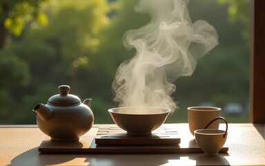 Traditional japanese tea ceremony setting - generative ai. High quality