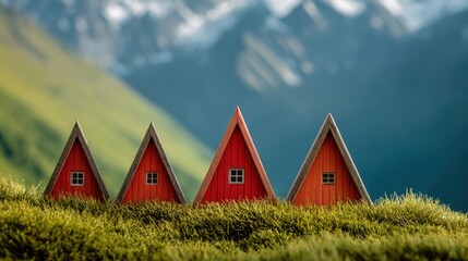 Four small red houses with triangular roofs stand in a green field, surrounded by grass and mountains under a clear blue sky during daytime.