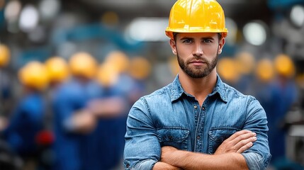 young worker wearing a yellow hard hat stands with arms crossed in a busy workshop