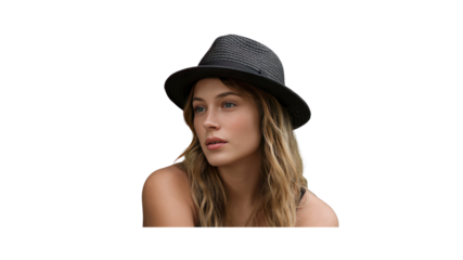 Young Woman in Fedora Hat, Pensive Expression, Outdoor Portrait