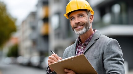 construction manager wearing a yellow hard hat smiles while holding a clipboard and pen. He is overseeing a residential building project in an urban environment during daylight hours