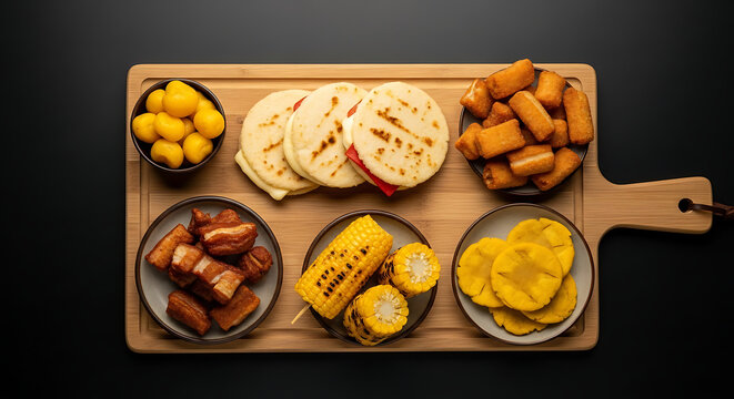 Delicious Colombian Platter with Arepas, Chicharron, Corn, Plantain and Cheese Sticks