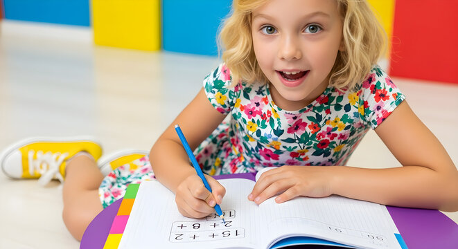 A young girl engrossed in a colorful activity book, focused on a math puzzle.