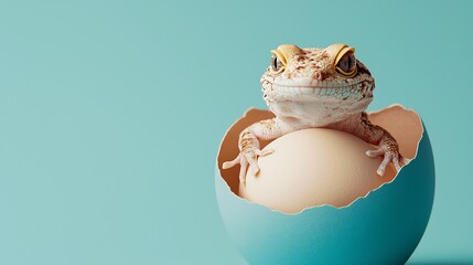 A cute baby gecko emerges from a cracked blue eggshell against a plain teal background.