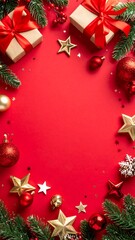 Christmas gifts and decorations on red background