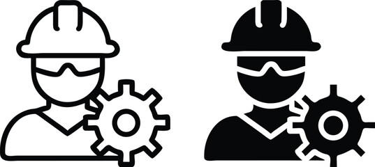 Engineer Icon Set - Black and White Worker with Gear Vector Illustration