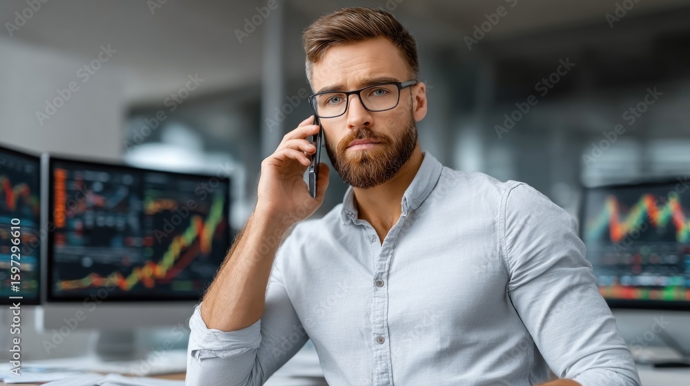Poster young man with glasses talks on the phone while focused on multiple computer screens displaying stoc