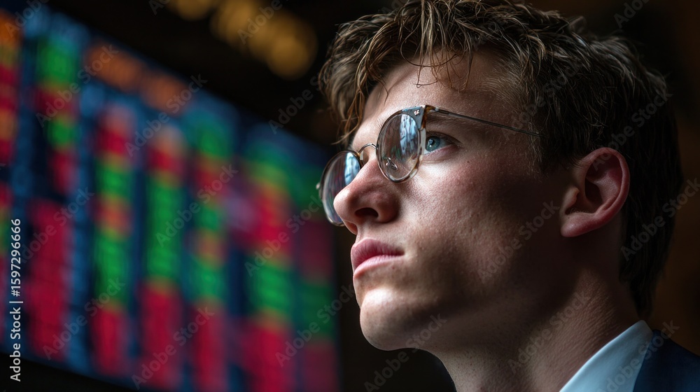 Poster focused young trader observes dynamic stock market data on digital displays in a bustling financial 