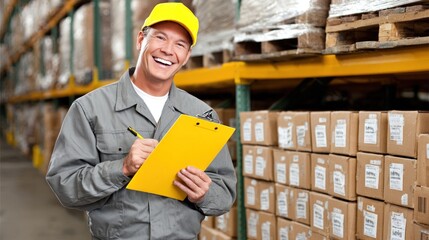 warehouse employee in a gray uniform and yellow cap holds a clipboard filled with notes while standing next to shelves stacked with boxes. Bright lights illuminate the organized storage area