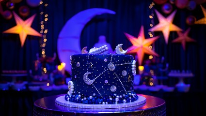 Enchanting Galaxy-Themed Birthday Cake with Moons, Stars, and Cosmic Details, Set Against a Dark Blue Backdrop with Twinkling Lights and Celestial Decorations, Perfect for Space-Themed Parties and Cel