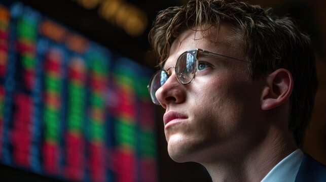 Focused young trader observes dynamic stock market data on digital displays in a bustling financial district during early morning hours. Intense concentration defines the moment