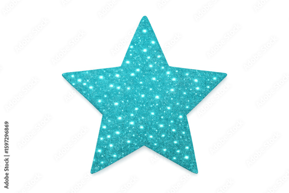 Poster sparkling turquoise star shape glittering with gloss effect, floating on transparent background for 