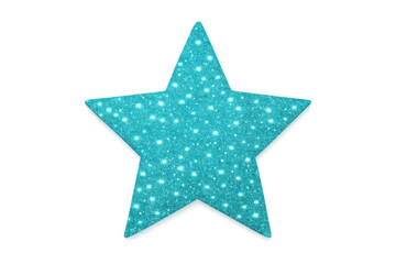 Sparkling turquoise star shape glittering with gloss effect, floating on transparent background for holiday design applications