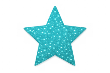 Sparkling turquoise star shape glittering with gloss effect, floating on transparent background for holiday design applications
