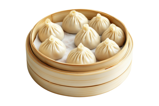 Steamed dumplings Xiao Long Bao in a bamboo steamer isolated on white transparent background, concept of Asian traditional cuisine