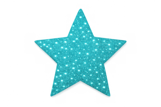 Sparkling turquoise star shape glittering with gloss effect, floating on transparent background for holiday design applications