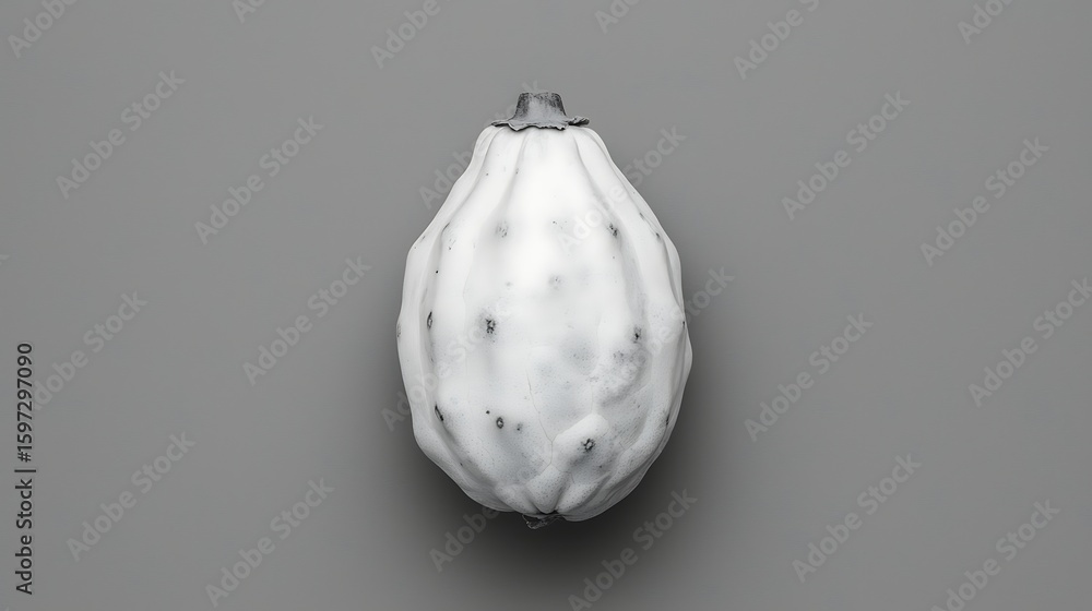 Poster a single white cacao pod is displayed on a gray background, highlighting its textured surface and un