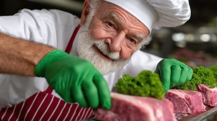 seasoned chef carefully garnishes slices of meat with vibrant greens in a busy kitchen. His expertise shines through as he combines fresh ingredients skillfully for a delicious meal