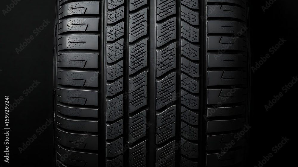 Poster close-up image of a black tire tread pattern highlighting its grooves and texture against a dark bac