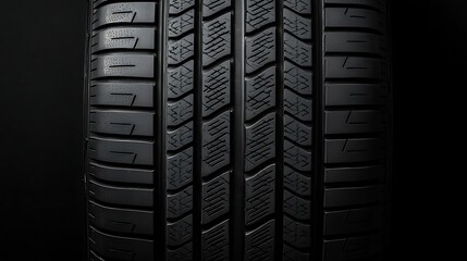 Close-up image of a black tire tread pattern highlighting its grooves and texture against a dark background.
