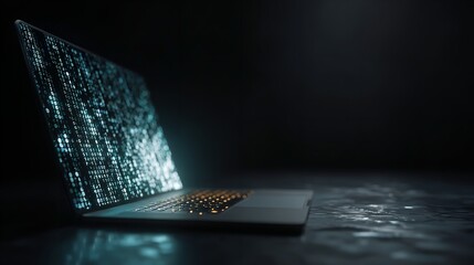 Laptop displaying a computer virus alert on a screen with binary code, representing a critical network security threat to modern technology