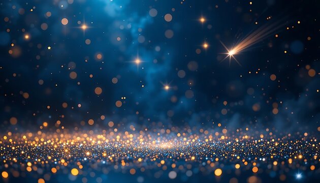 Magical Night Sky with Shooting Star and Golden Glittering Bokeh Dust: Dreamy Abstract Background for Celebrations and Wishes