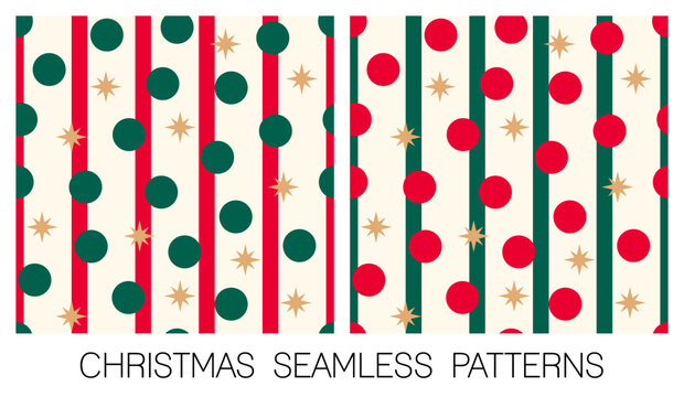 Set of red and green dots, stripes and gold stars seamless pattern for christmas and new year background.