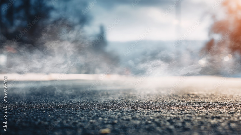 Poster steam billows from a damp asphalt road during a cool evening. the background features blurred trees,
