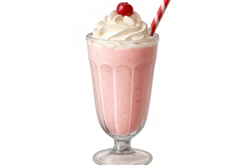 Pink strawberry milkshake topped with whipped cream, a cherry, and a straw, isolated on a transparent background